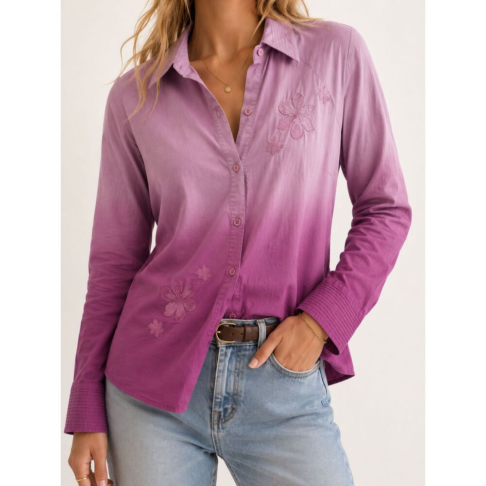 Ruff Hewn Ombre Pink Embroidered Floral Button Up Shirt Women's M Cottagecore